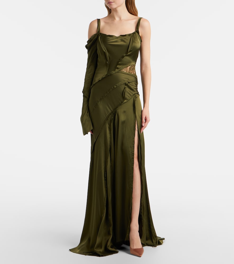 Blumarine Asymmetric lace-trimmed satin gown