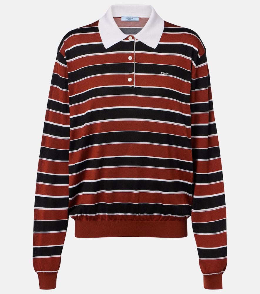 Prada Striped Silk Polo Shirt In Brown