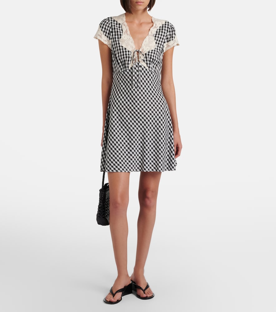 Rixo Lacie lace-trimmed checked crêpe minidress