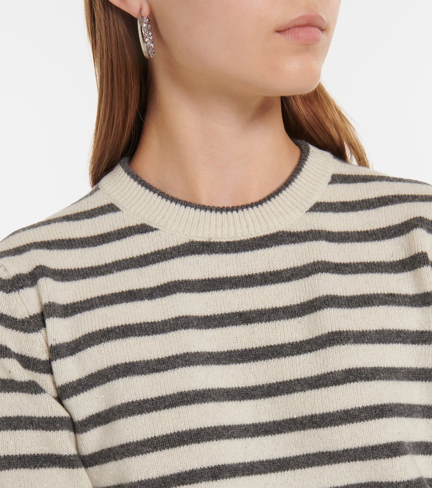 Brunello Cucinelli Cashmere Blend Striped Sweater With Paillette Detail In Brown