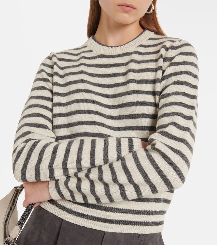 Brunello Cucinelli Cashmere Blend Striped Sweater With Paillette Detail In Brown