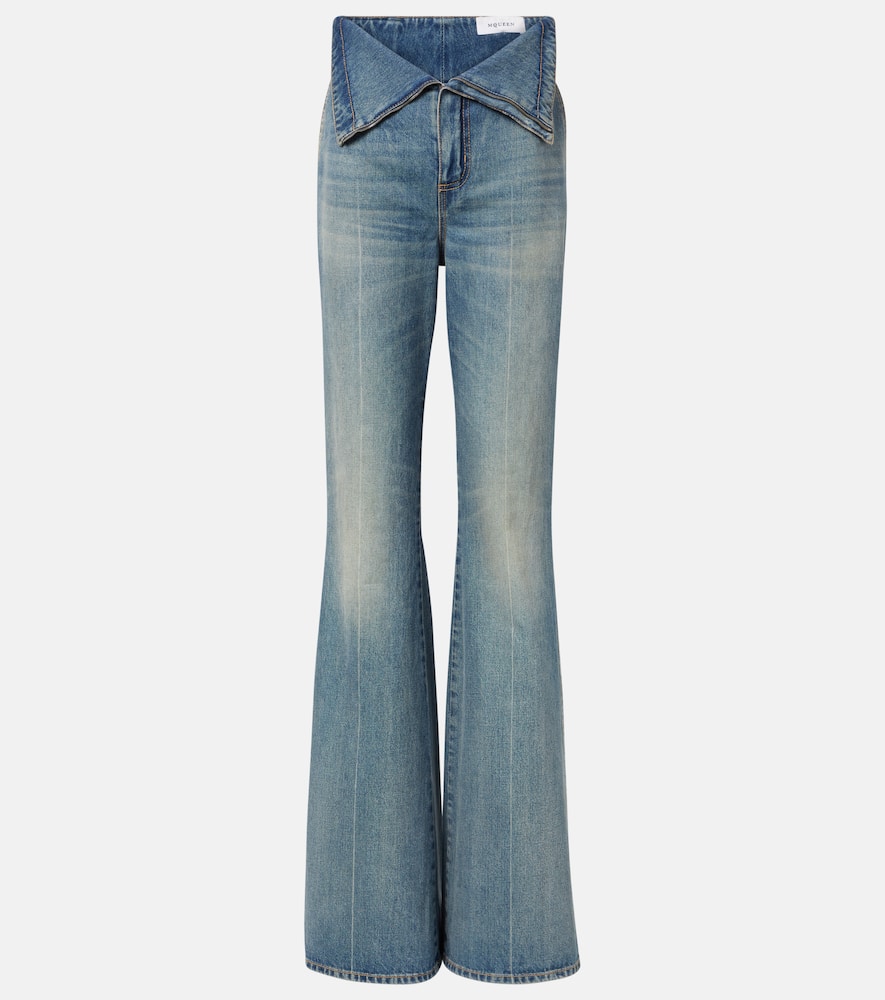 Alexander Mcqueen Blue Flared Jeans With Foldover Waist And Logo Patch On The Rear In Denim Womanaa In Blue