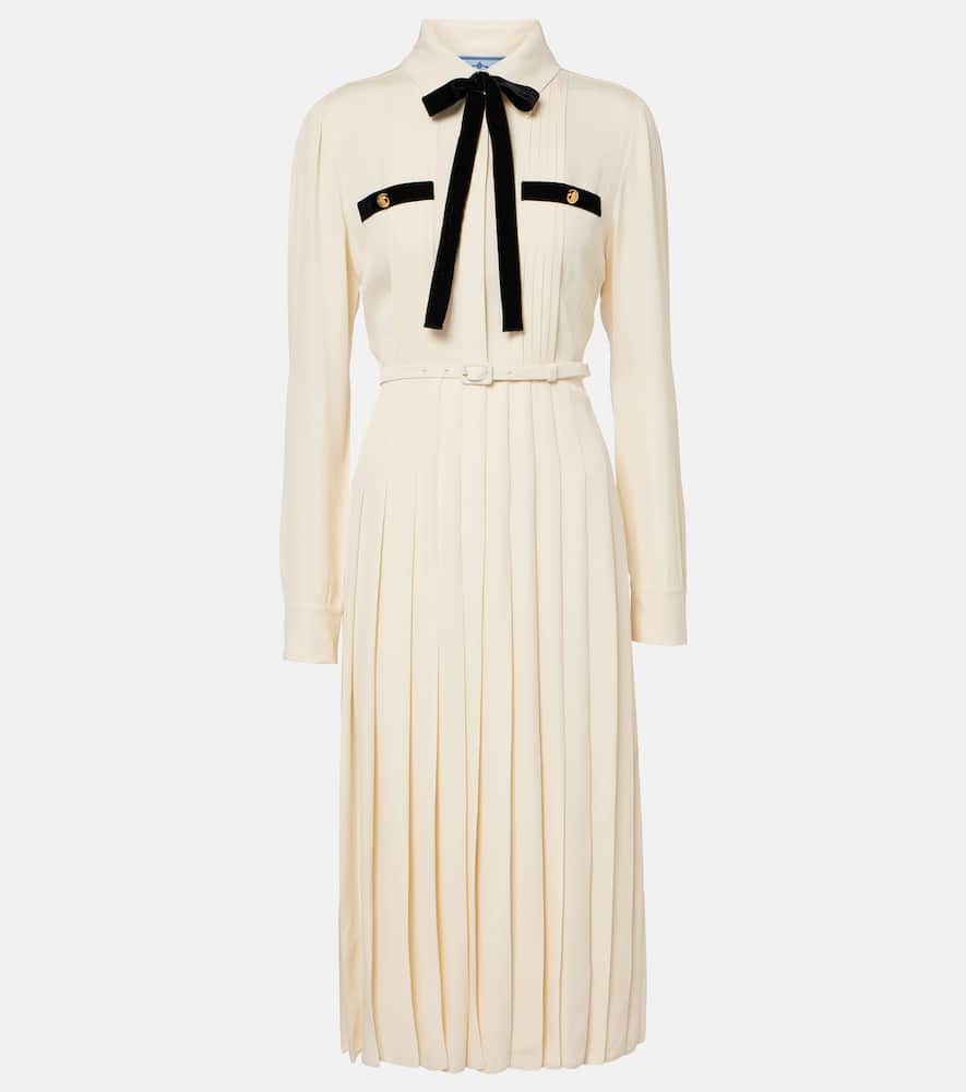 Tie-neck pleated belted shirt dress