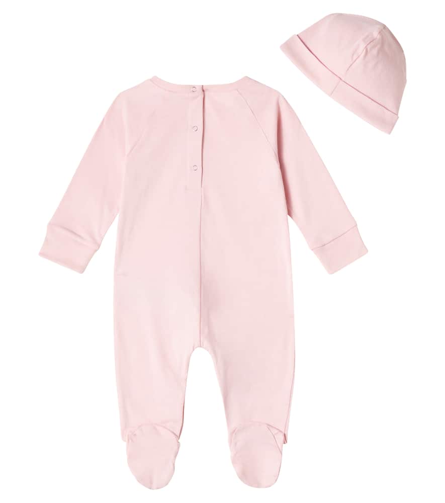 Gucci Baby Cotton Jersey Onesie, Bib, And Beanie Set In Pink