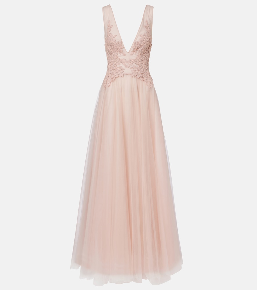 Costarellos Floral-appliqué tulle gown