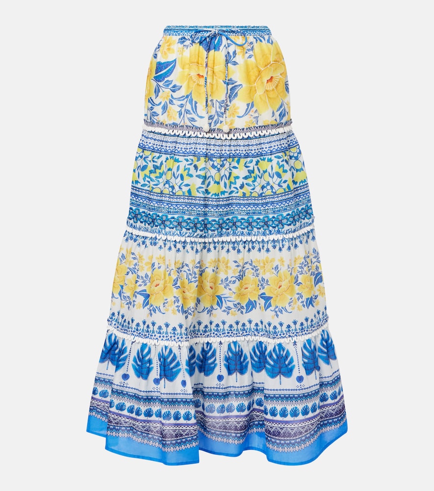 Farm Rio Zuli printed lace-trimmed cotton maxi skirt
