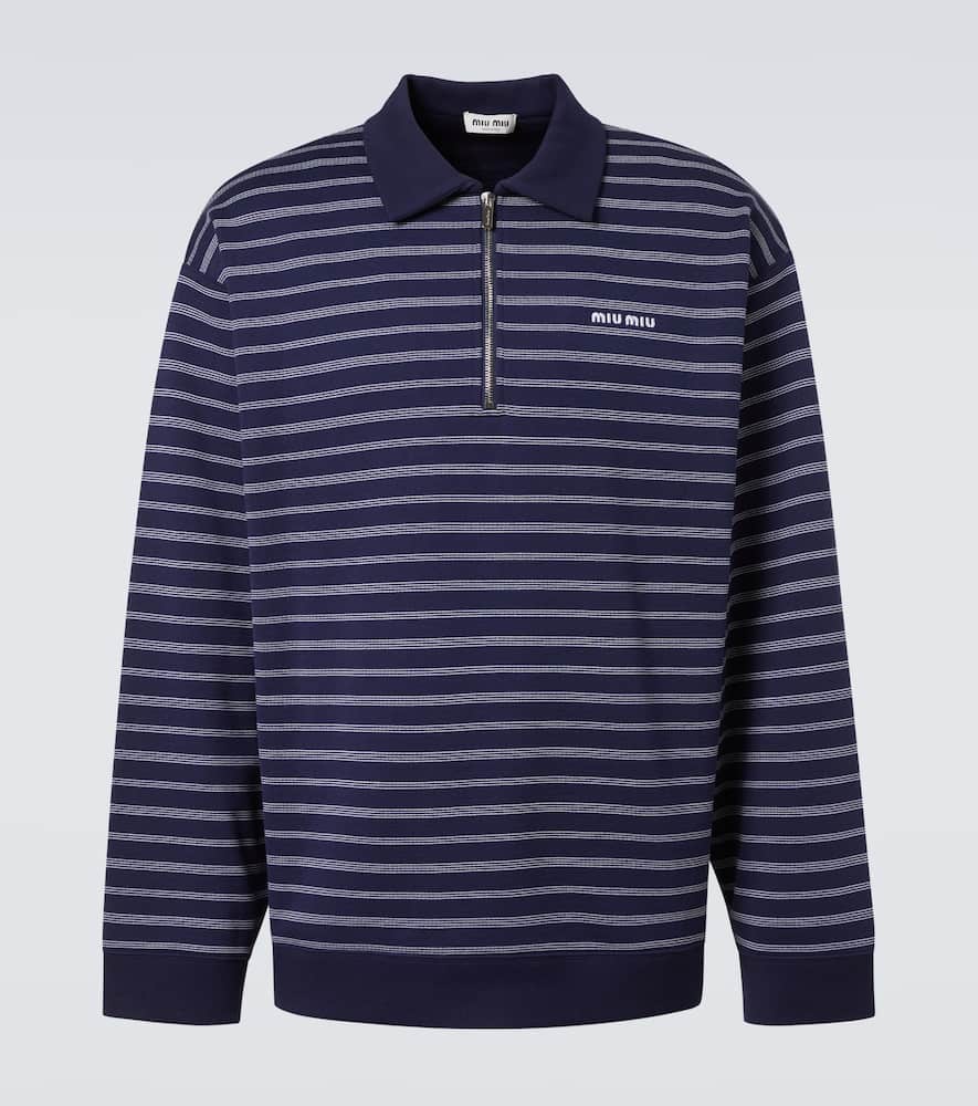 Miu Miu Striped Cotton Polo Sweater In Blue