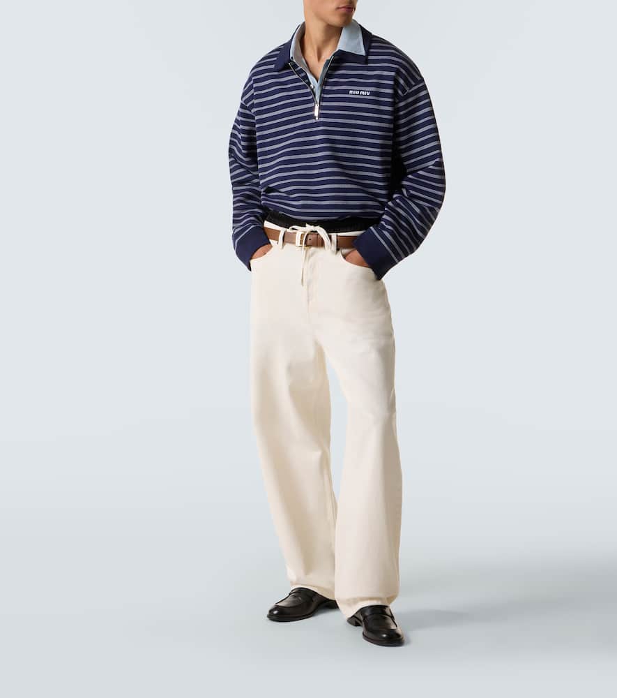Miu Miu Striped Cotton Polo Sweater In Blue