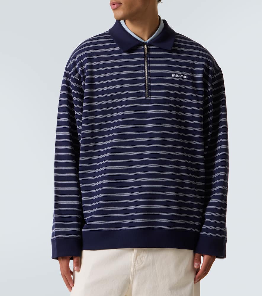 Miu Miu Striped Cotton Polo Sweater In Blue