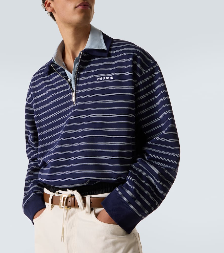 Miu Miu Striped Cotton Polo Sweater In Blue