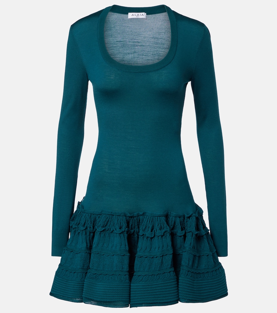Alaia Women's Green Ruffled Wool-Blend Minidress Uk Size 6