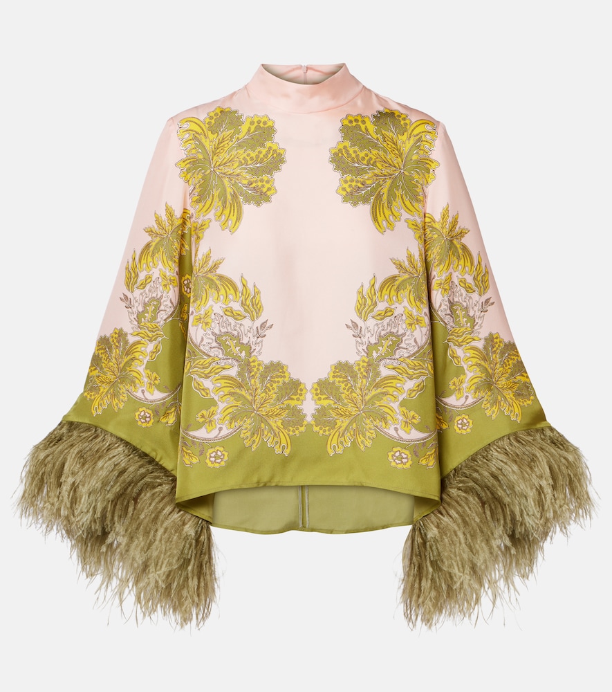 La Doublej Women's Multicoloured Make An Exit Feather-Trimmed Silk Twill Top UK Size 14 - Mytheresa