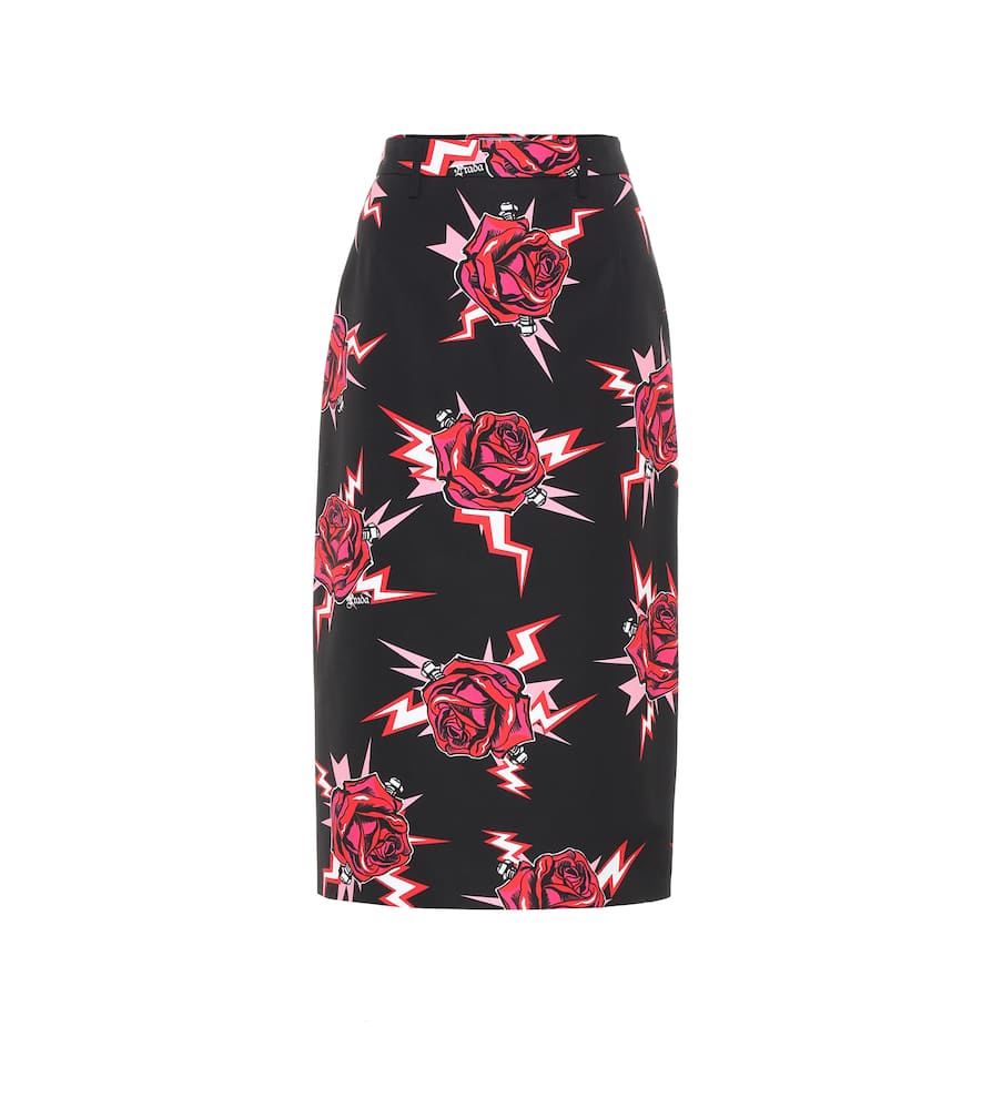 Click to view more detailed imagery on our partner's website Prada Electric Roses-Print Cotton Pencil Skirt In Black