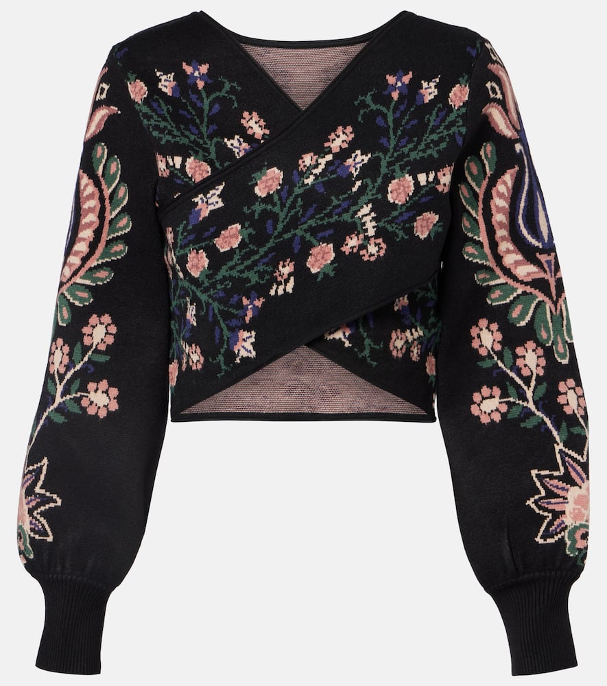 Farm Rio Marvelous Garden Knitted Wrap Top In Black