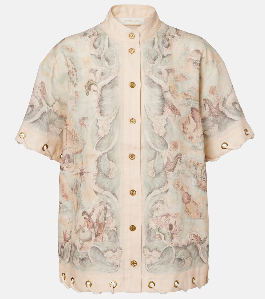 Zimmermann Printed Linen Shirt In Brown