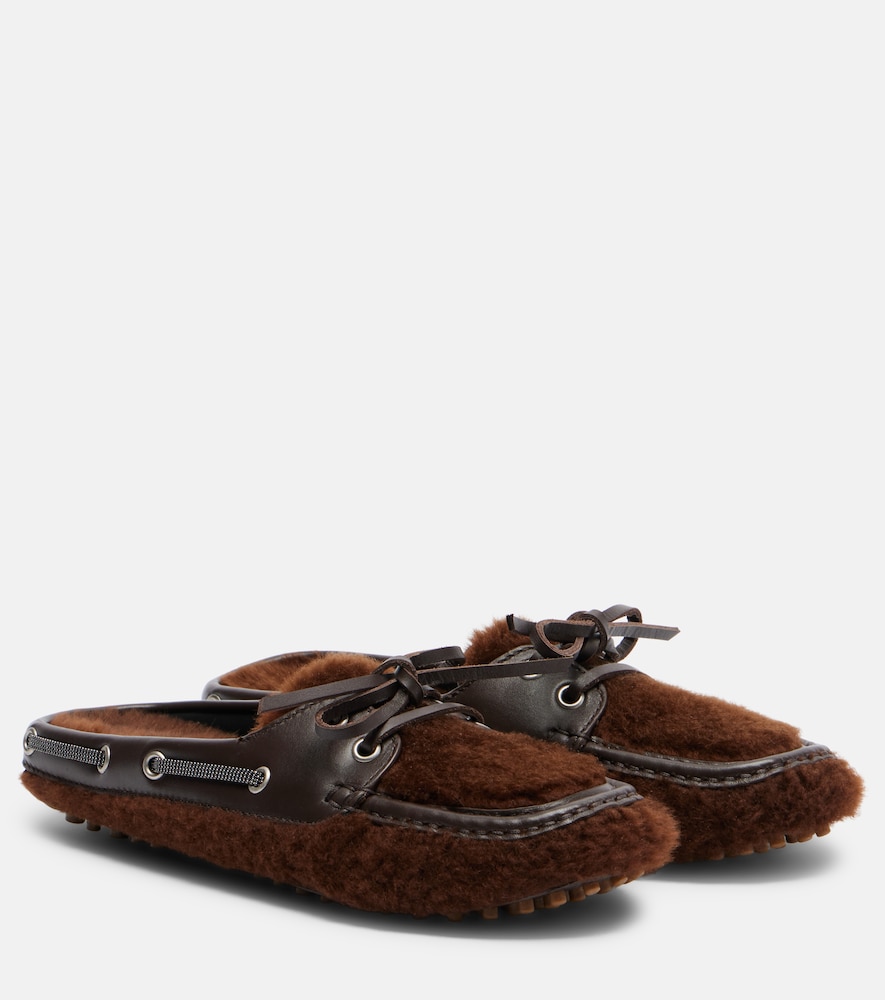 Brunello Cucinelli Monili Shearling Mules In Brown