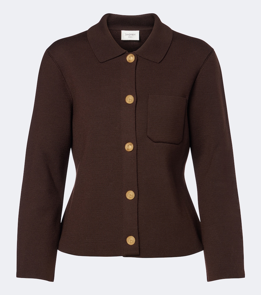 Saint Laurent Knitted Wool Cardigan In Brown