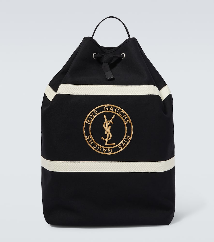 Saint Laurent Rive Gauche Embroidered Cotton Shoulder Bag In Black + White