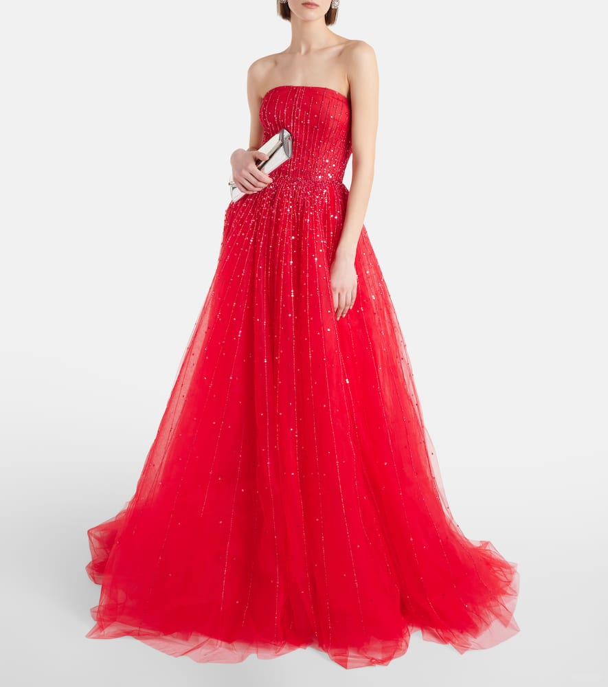 Shop Monique Lhuillier Embellished Tulle Gown In Cherry Red