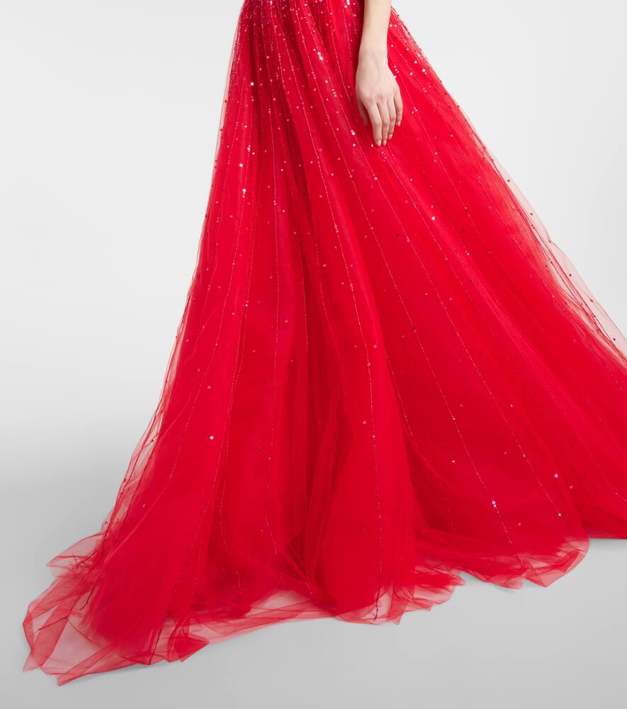 Shop Monique Lhuillier Embellished Tulle Gown In Cherry Red