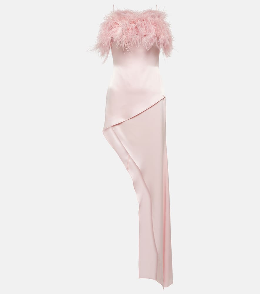 Feather-trimmed satin midi dress