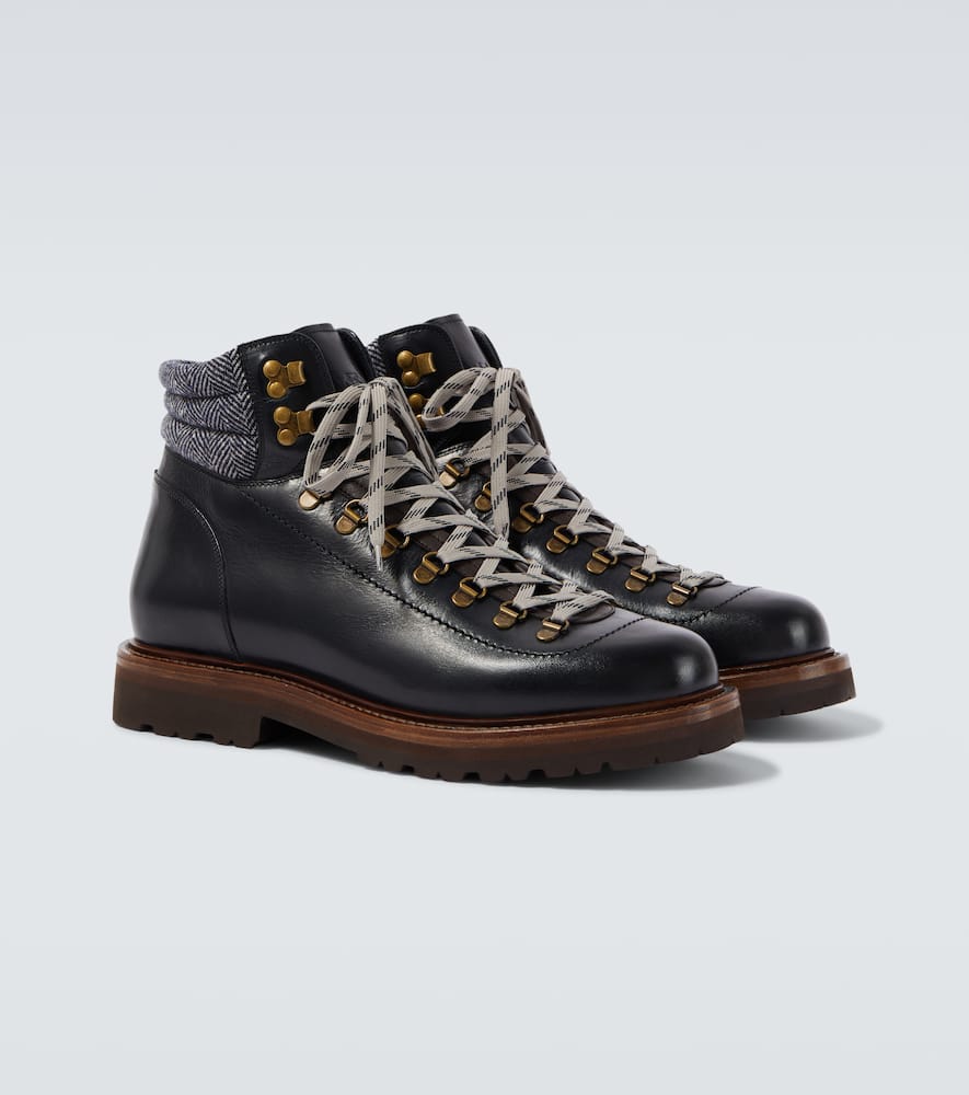 Brunello Cucinelli Lace-up Herringbone-detail Hiking Boots In Black