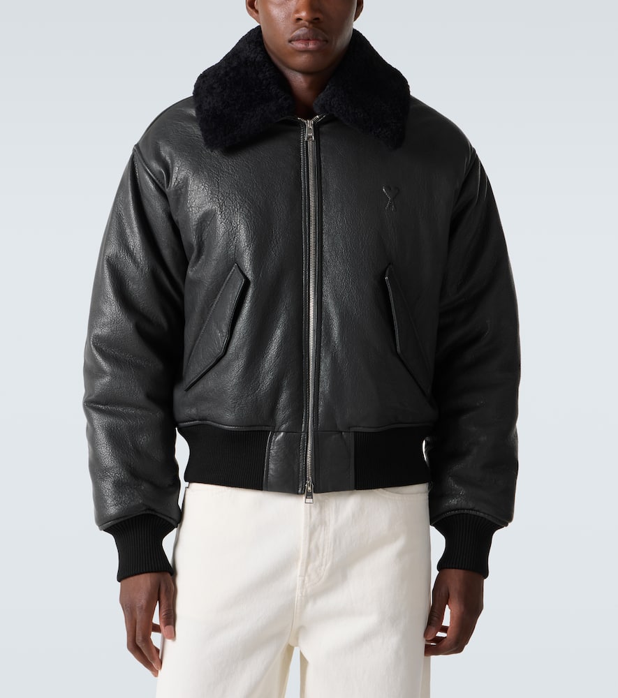 Ami Alexandre Mattiussi Shearling-trimmed Leather Bomber Jacket In Gray