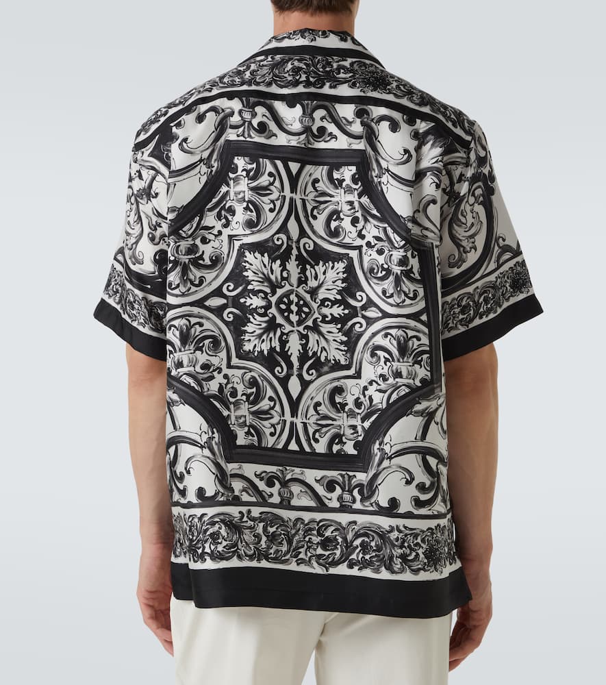 Dolce & Gabbana Maiolica Black And White Bowling Shirt With Cuban Collar And All-over Print In Silk Man In Black