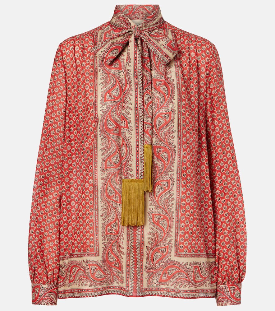 Printed tie-neck cotton blouse