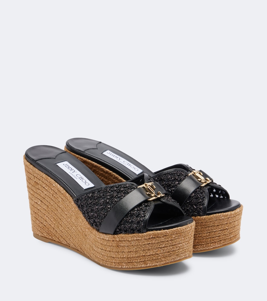Wedge-Pantoletten Leda aus Raffiabast mit Leder