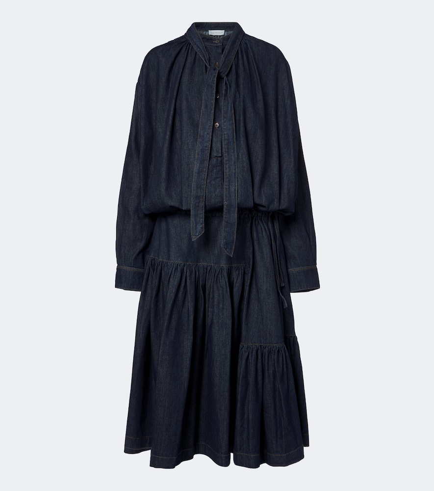Dries Van Noten Tie-neck Denim Midi Dress In Blue