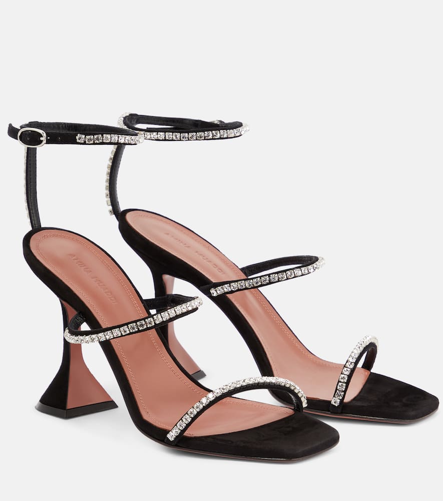 Shop Amina Muaddi Gilda Crystal-embellished Suede Sandals In Black