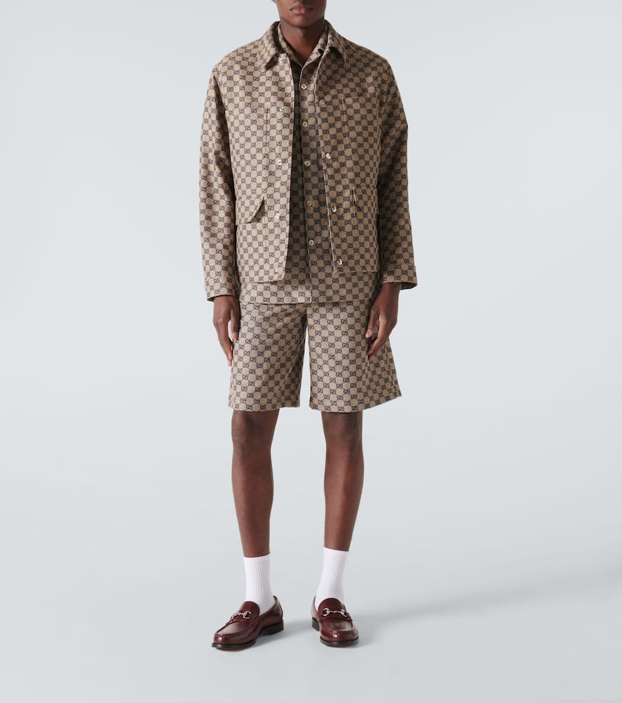 Gucci Mens Monogram-print Four-pockets Regular-fit Linen-blend Jacket Oatmilk Blue In Blue