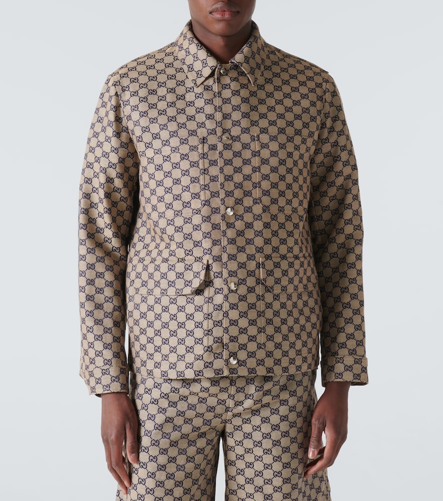 Gucci Mens Monogram-print Four-pockets Regular-fit Linen-blend Jacket Oatmilk Blue In Blue