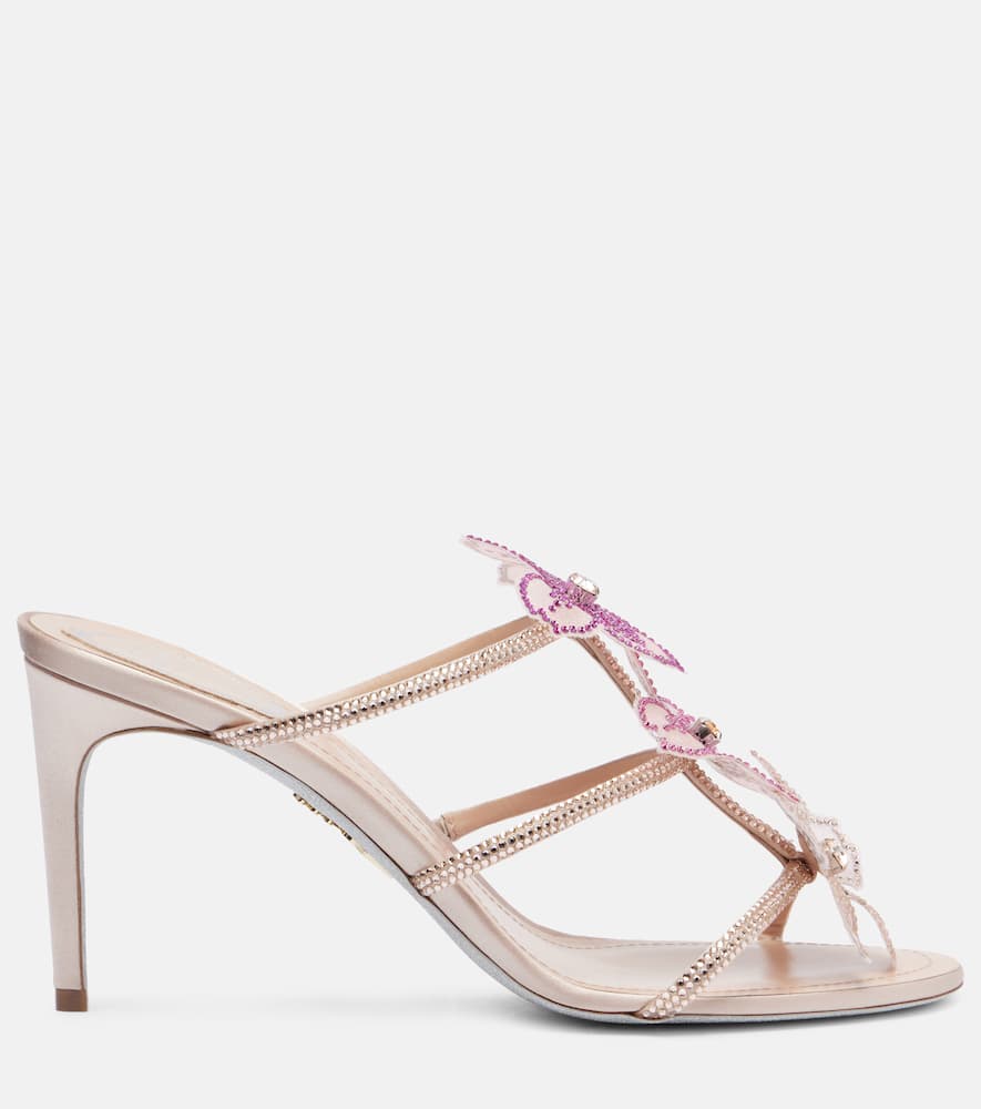 René Caovilla Peach Flower 80 Rhinestone-embellished Mules In Pink