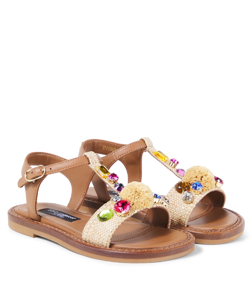 Dolce & Gabbana Embellished Raffia-effect Sandals In Brown