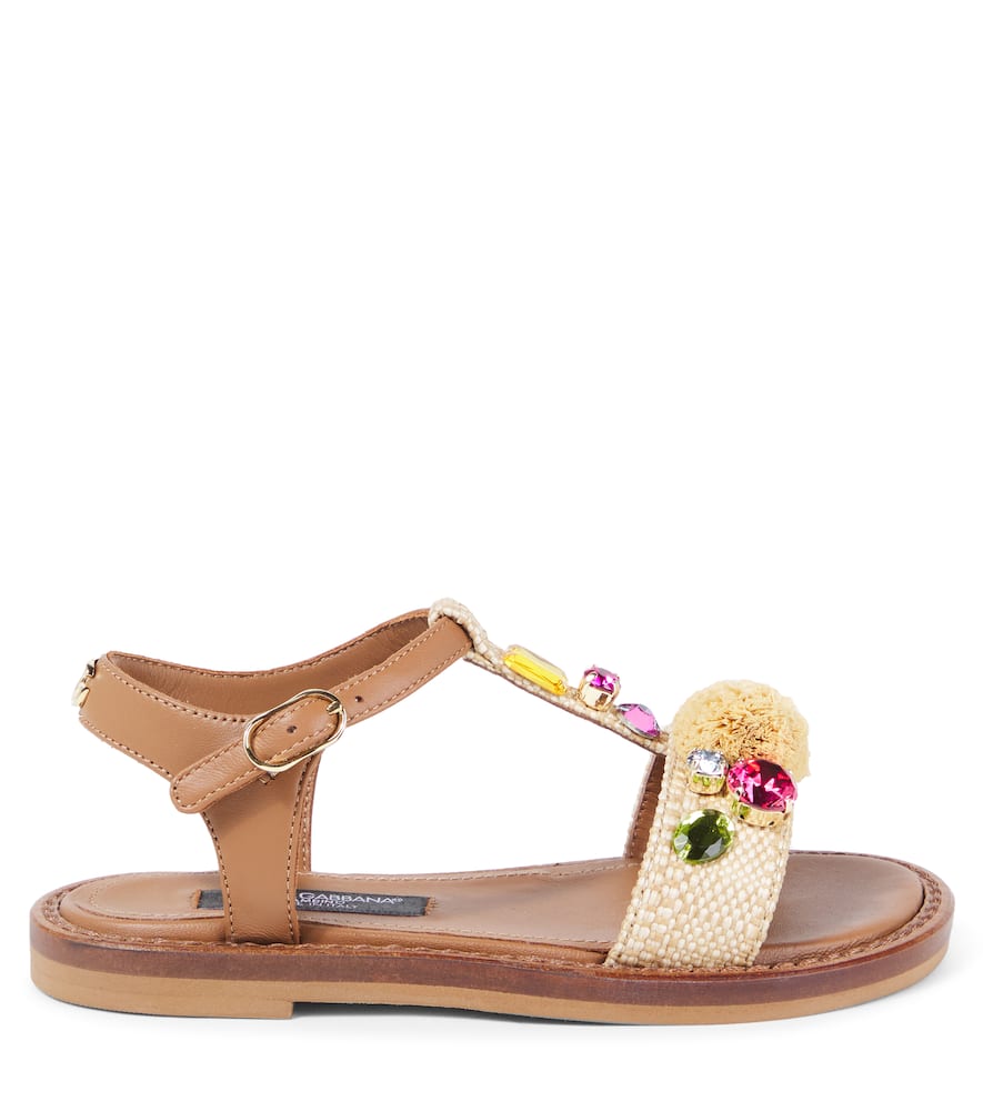 Dolce & Gabbana Embellished Raffia-effect Sandals In Brown