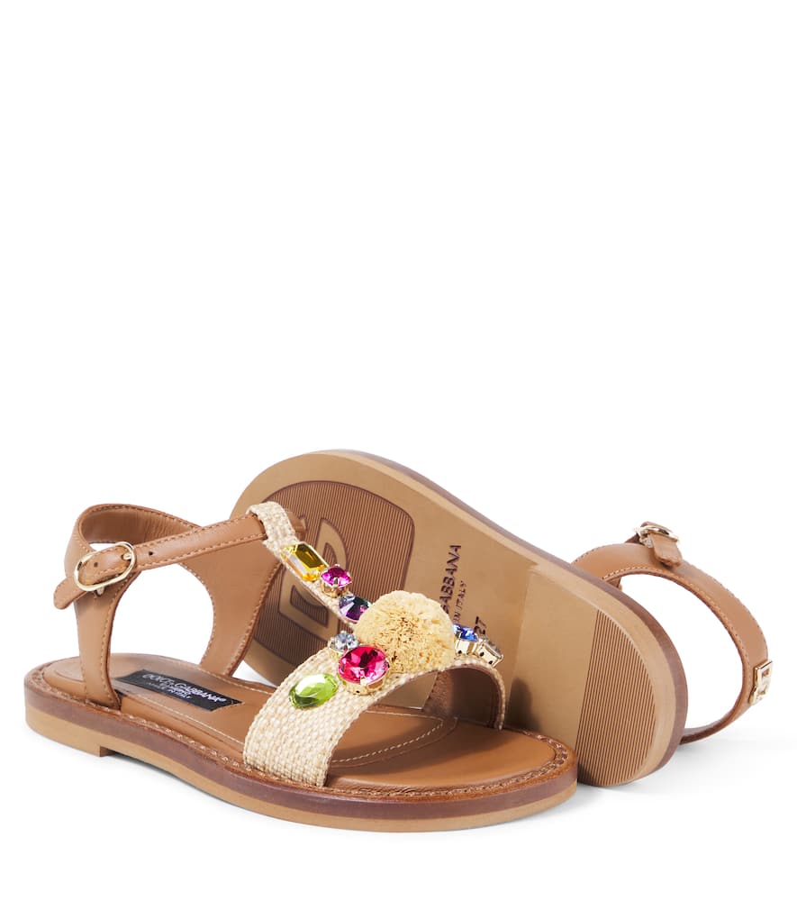 Dolce & Gabbana Embellished Raffia-effect Sandals In Brown