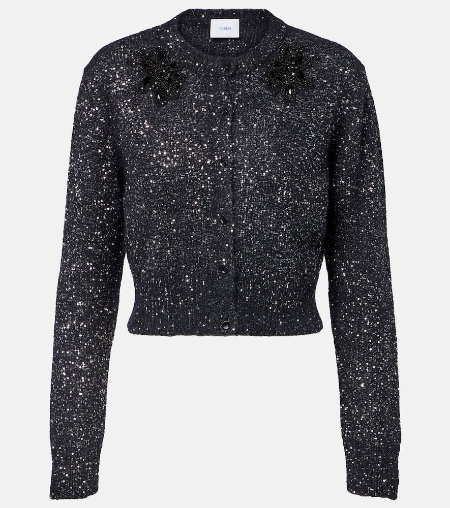 Erdem Embellished Cropped Alpaca-blend Cardigan In Black
