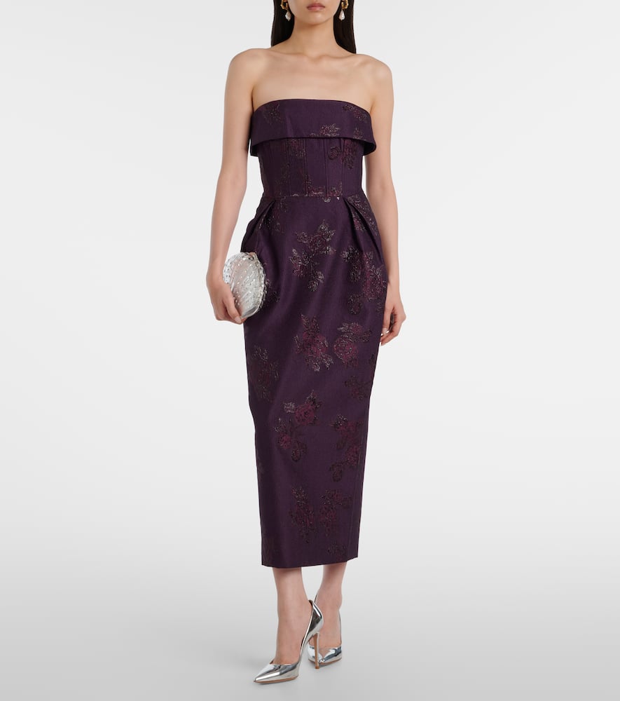 Rebecca Vallance Strapless Floral-brocade Midi Dress In Purple