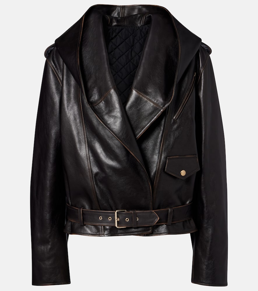 Alaïa Hooded Leather Biker Jacket In Brown