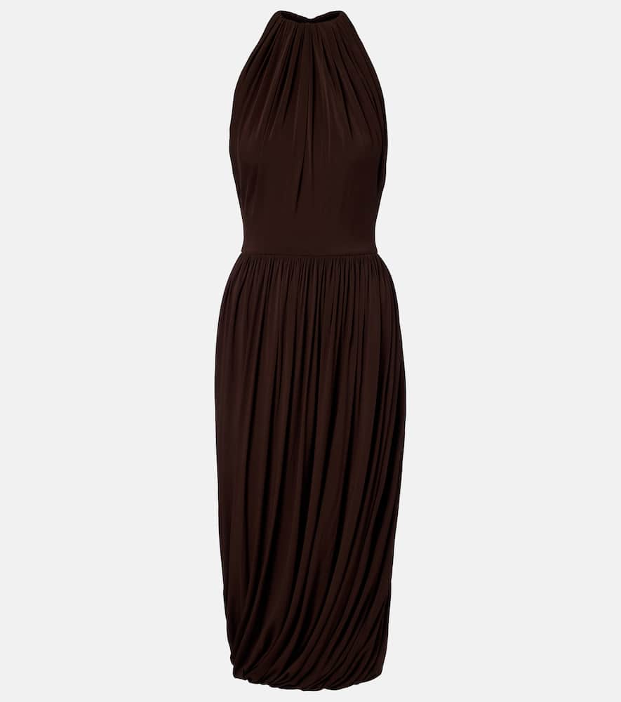 Alaïa Gathered Pleated Halterneck Midi Dress In Brown