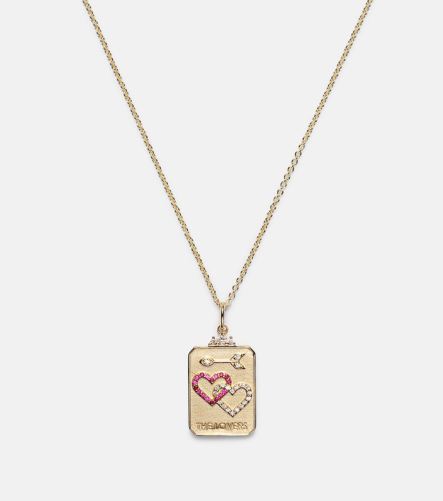 Sydney Evan The Lovers Tarot Card 14kt Gold Necklace With Rubies And Diamonds In Gold