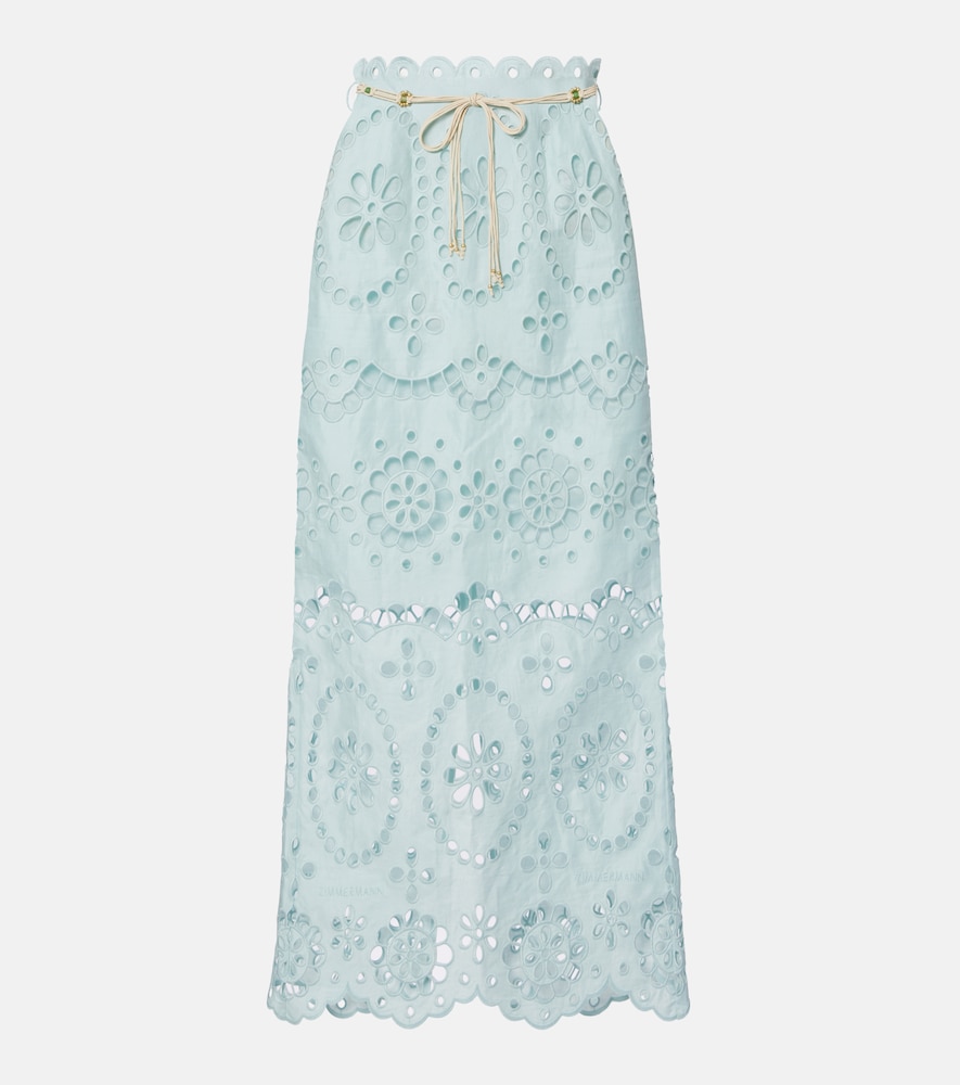Zimmermann Awaken Belted Broderie Anglaise Linen Midi Skirt In Green