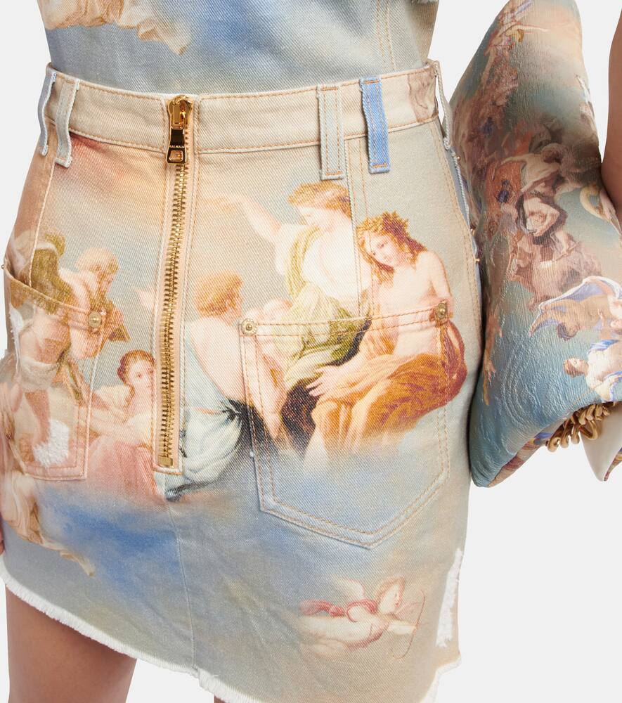 Balmain Denim Mini Skirt With Sky Print In Bleu Clair/multico Pastel