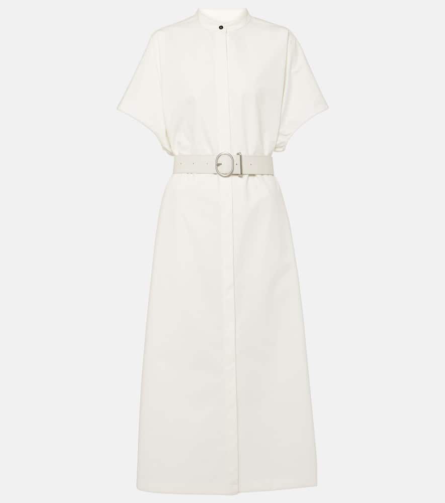 Shop Jil Sander Belted Leather-trimmed Cotton Midi Dress In White