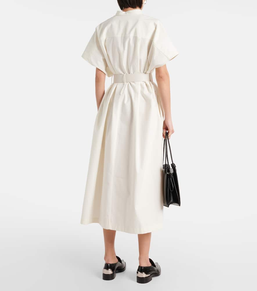 Shop Jil Sander Belted Leather-trimmed Cotton Midi Dress In White