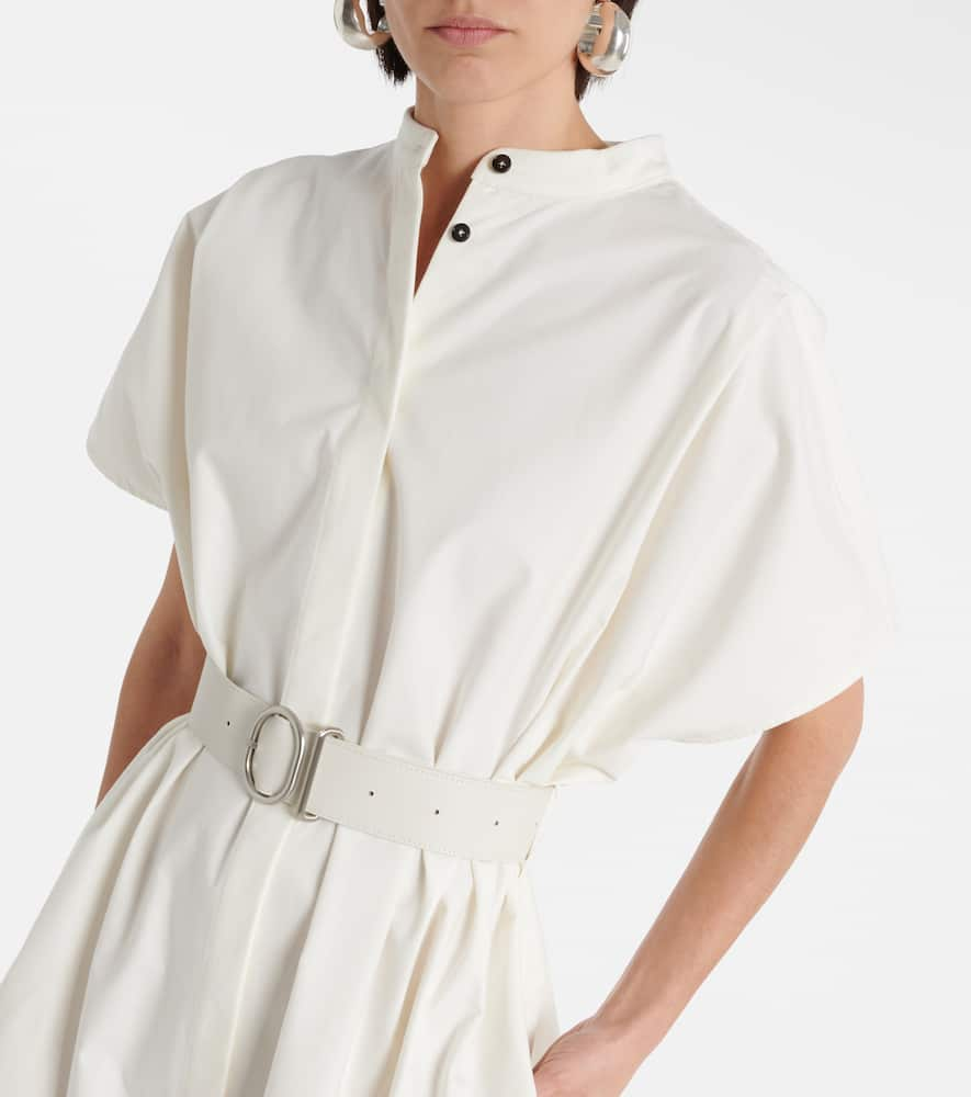 Shop Jil Sander Belted Leather-trimmed Cotton Midi Dress In White