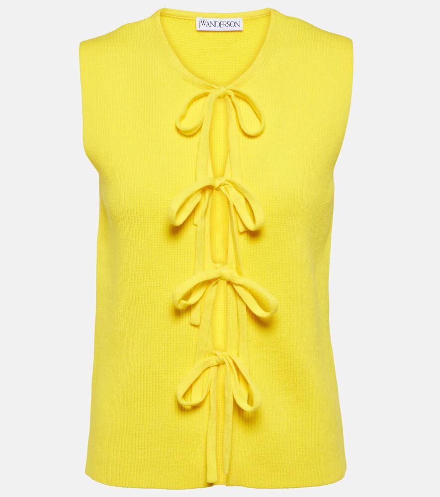 Jw Anderson Tie-detailed Ribbed Cotton-blend Top In Yellow