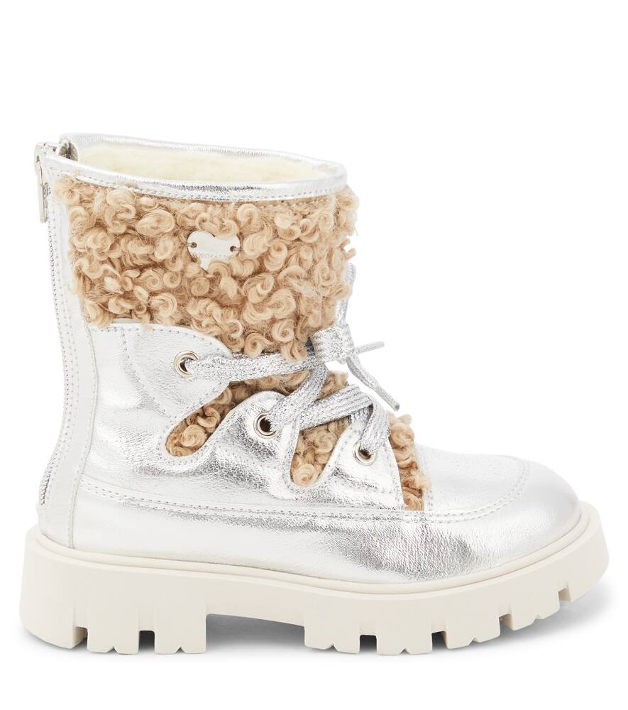 Monnalisa Faux Shearling-lined Leather Ankle Boots In Silber